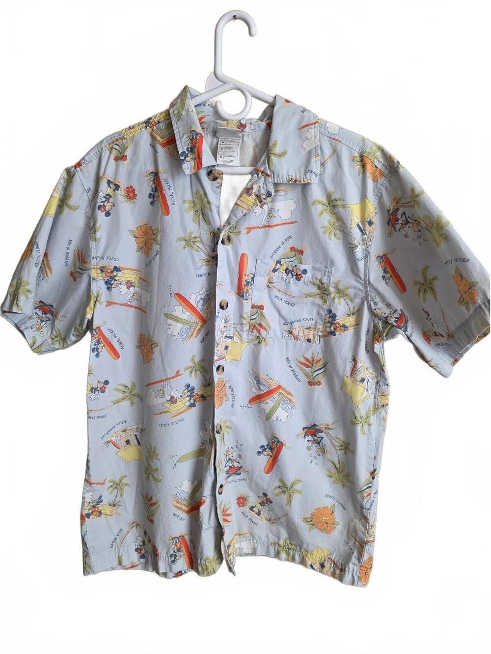 Vintage Disney Surfing Micky and Friends Mens Cotton Hawaiian Shirt, Size Medium